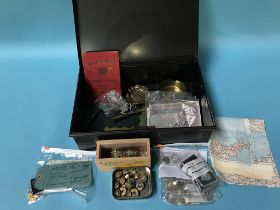 Box of Militaria containing map of France, trench art, tunic buttons etc.