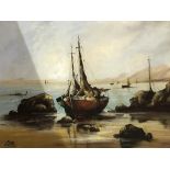 L.W. Mee, oil, signed, 'Fishing Vessel on the shoreline', 90cm x 120cm