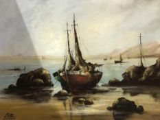 L.W. Mee, oil, signed, 'Fishing Vessel on the shoreline', 90cm x 120cm