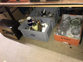 Four boxes of general china, glass, an old radio etc.