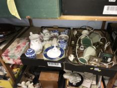 Two trays of china and lamps