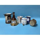 Various whisky water jugs, a Falcon ware ale jug etc.