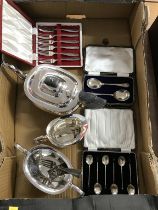 A set of six silver coffee bean spoons, a plated tea service etc.