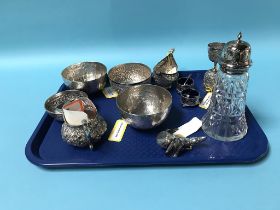 Indian 'silver' bowls etc, a pair of silver salts and a silver top sugar shaker