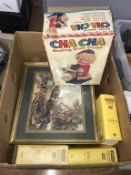 Box containing a boxed Cha Cha Beating Drum Clown etc