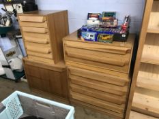 Three pine chest of drawers and a pine cabinet