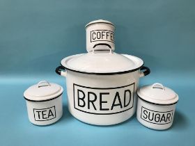 Enamel bread bin and three enamelled storage jars