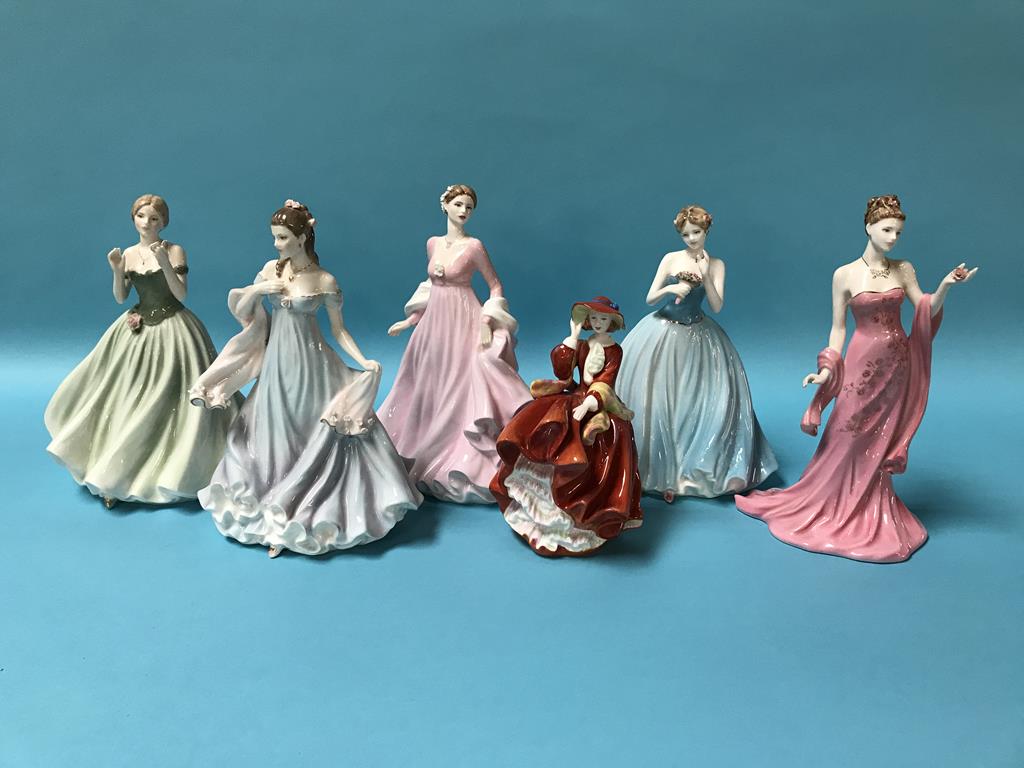 Three Coalport figures, two Royal Worcester figures and a Royal Doulton figure
