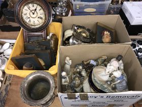 Three boxes of china, metalwares, clock etc