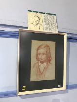 Chalk portrait of a girl by Hermione Hammond, with accompanying letters from the artist