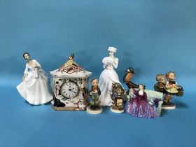 Royal Doulton 'Sweet and Twenty', two other Doulton figures, a Masons clock, Hummel etc.