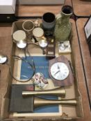 Tray with Moorcroft vase, clock, candelabra etc.