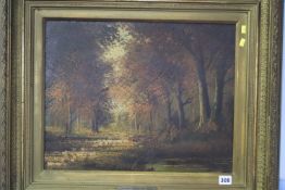 Unsigned, oil on panel, 'Autumn Woodland Scene', bears label A.Grimshaw, 38 x 48cm