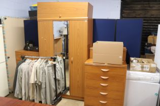Wardrobe, tall boy and two modern chest of drawers