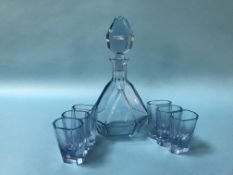 Blue glass deco style decanter and six liqueur glasses
