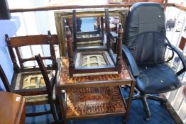 Gilt mirror, office chair, teak tiled table and three mahogany chairs