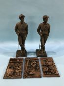 Three Bob Olley wall plaques and a pair of golfing figures