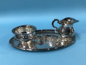 Sugar bowl, cream jug, tray and a pair of napkin rings stamped '830 S'