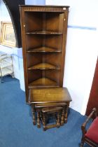 Oak corner cabinet and an Ercol nest of tables