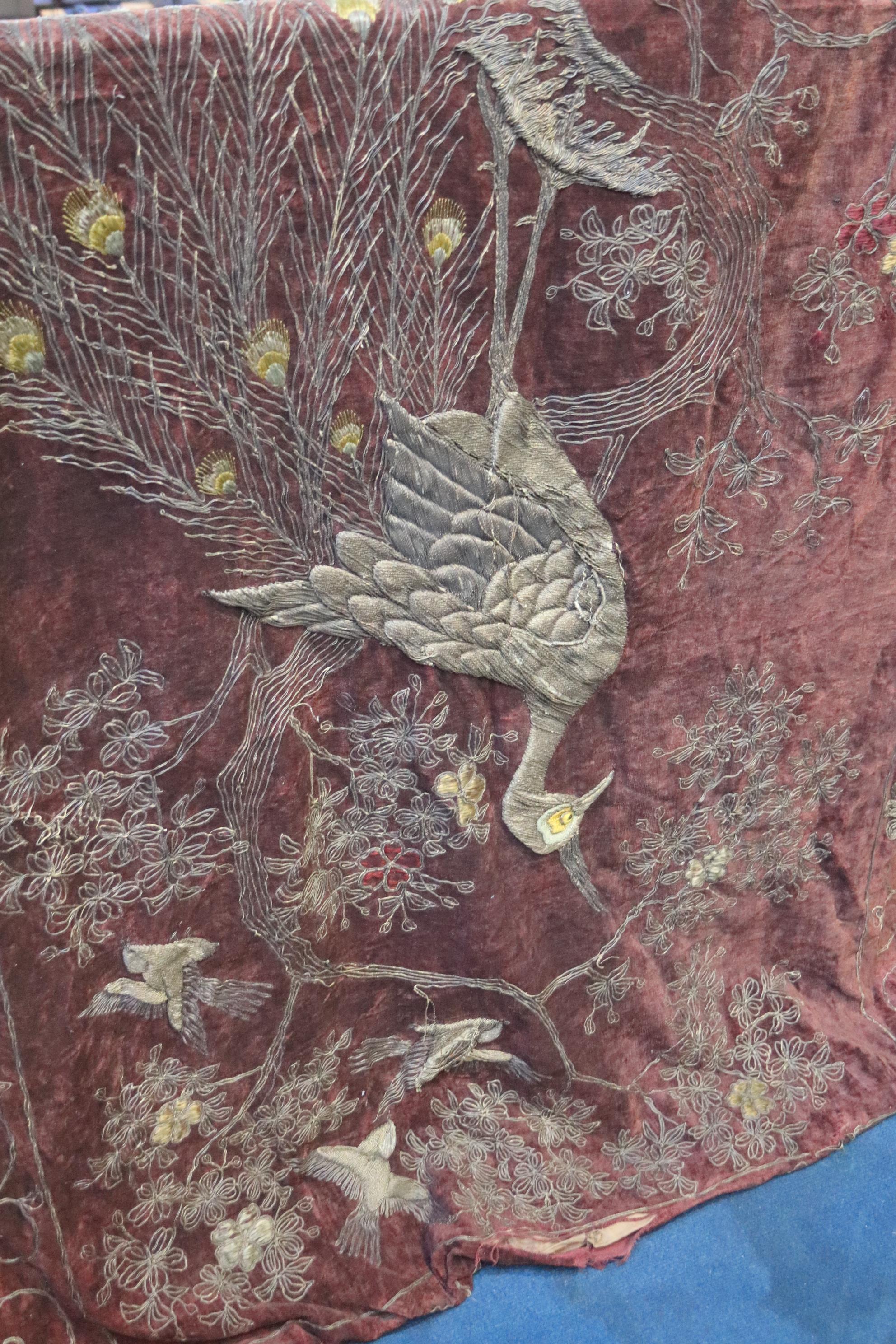 A long Victorian needlework wall hanging, the burgundy velvet ground decorated with peacocks and - Image 2 of 3