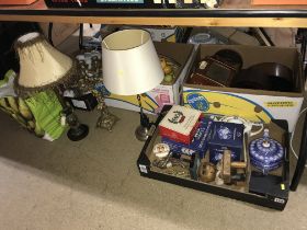 Four boxes of assorted, table lamps etc