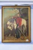 Unsigned, oil, 'Portrait of a Cavalryman Beside His Horse', 47 x 36cm