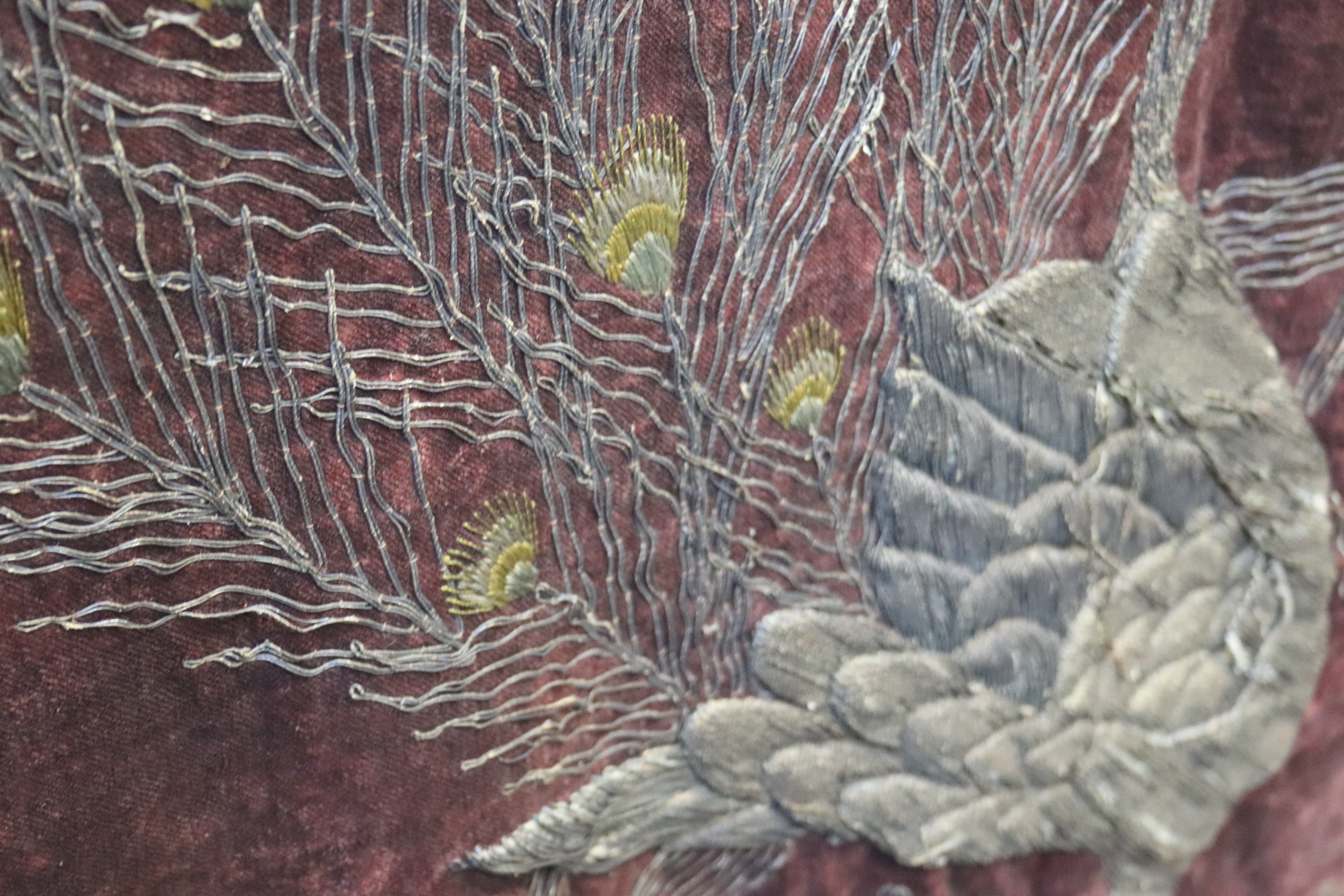 A long Victorian needlework wall hanging, the burgundy velvet ground decorated with peacocks and - Image 3 of 3