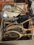 Two boxes of assorted including vintage tennis racquets