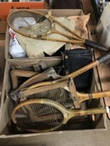 Two boxes of assorted including vintage tennis racquets