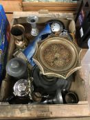 Tray of assorted, pewter, brass etc