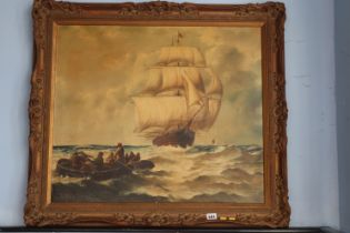 Monogramed, Continental School, Oil, 'Tall Ship and Rowing Boats at Sea', 59 x 69cm