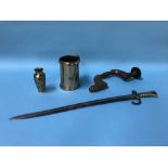 A small Japanese brass vase, a bayonet, a Quart tankard etc.