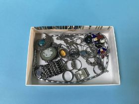 Assorted silver jewellery, enamel badges etc.