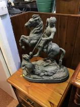 A Spelter Group of St George slaying a dragon, H 54cm, a Candelabra and a pair of fire dogs