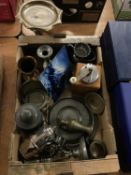 Tray of assorted pewter, coffee grinder etc.