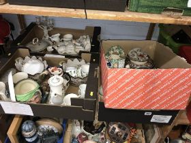 Four boxes including Staffordshire figures etc.