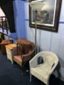 Two basket weave chairs, Italian table, modern bedside drawers etc.