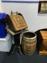 A barrel, a stand and a coal scuttle