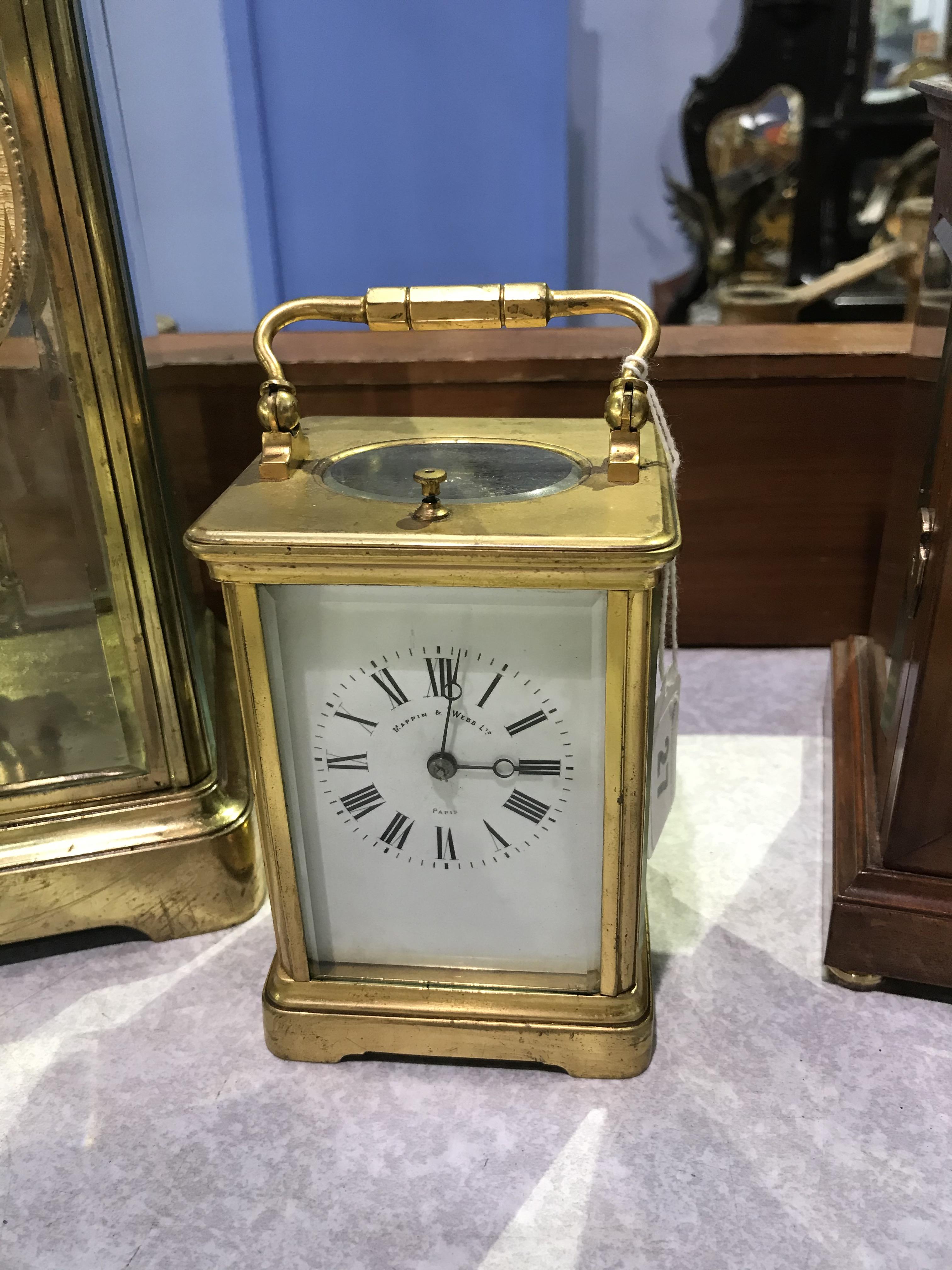 A Mappin and Webb brass carriage clock and two other clocks - Image 6 of 10