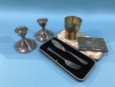 Silver cigarette box, knife and fork etc.