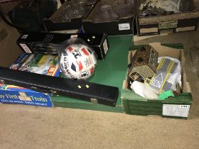 Assorted toys, snooker cue, signed football etc