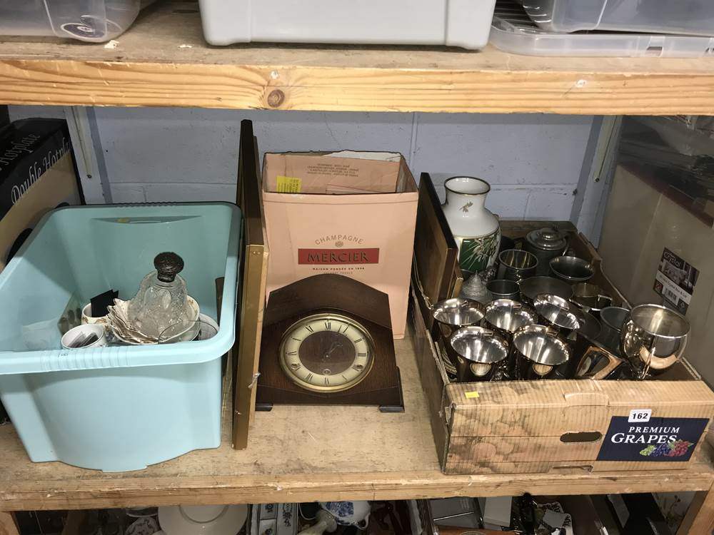 Shelf of assorted including silver top scent bottle