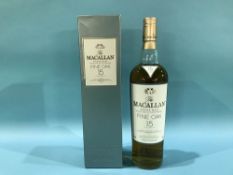 A boxed bottle of The Macallan Fine Oak 15 year old whisky