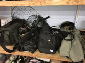 Fishing tackle including Hardy bag and boots, various reels etc