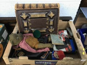 Tray of assorted including harmonicas, family Bibles etc.