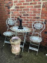 Patio set, garden pump and chimney