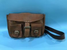 Mulberry tanned leather satchel with webbing strap, metal disc and logo, Made in England W fabric