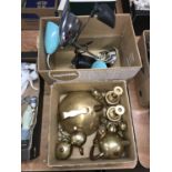 Two boxes including brassware and lamps