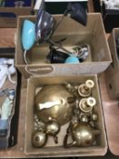 Two boxes including brassware and lamps