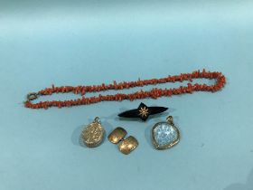 Coral necklace, mourning brooch etc